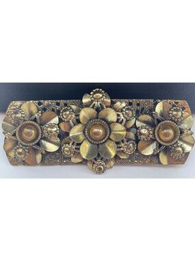 Vintage Victorian Style Ornate Brass Filigree Floral Brooch Pin 4.5" Intricate D